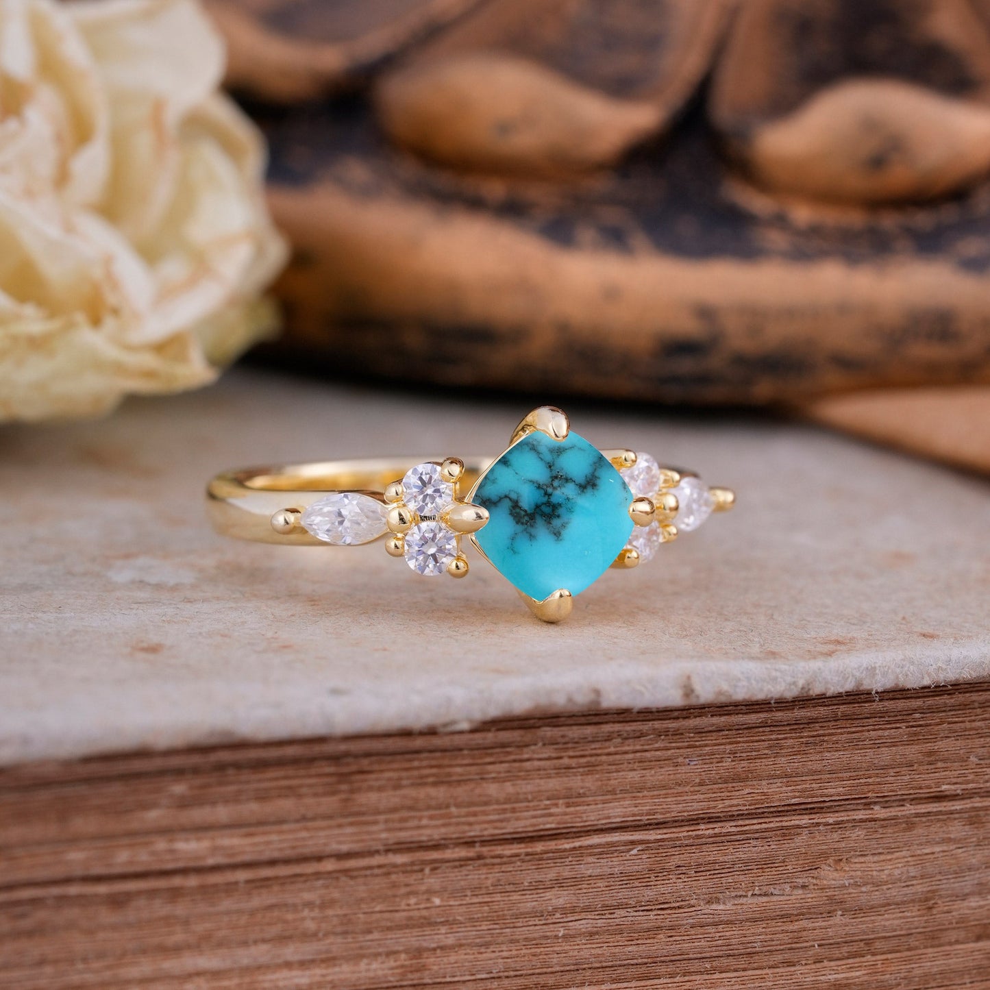 Classic Elegant 4-Prong Princess Cut Turquoise Engagement Ring