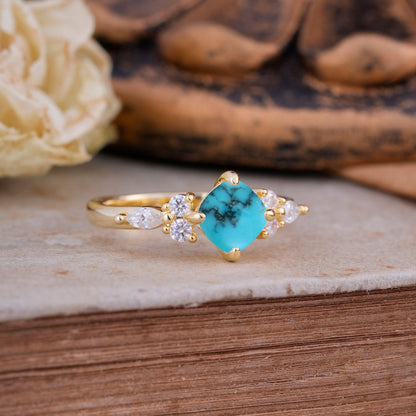 Classic Elegant 4-Prong Princess Cut Turquoise Engagement Ring