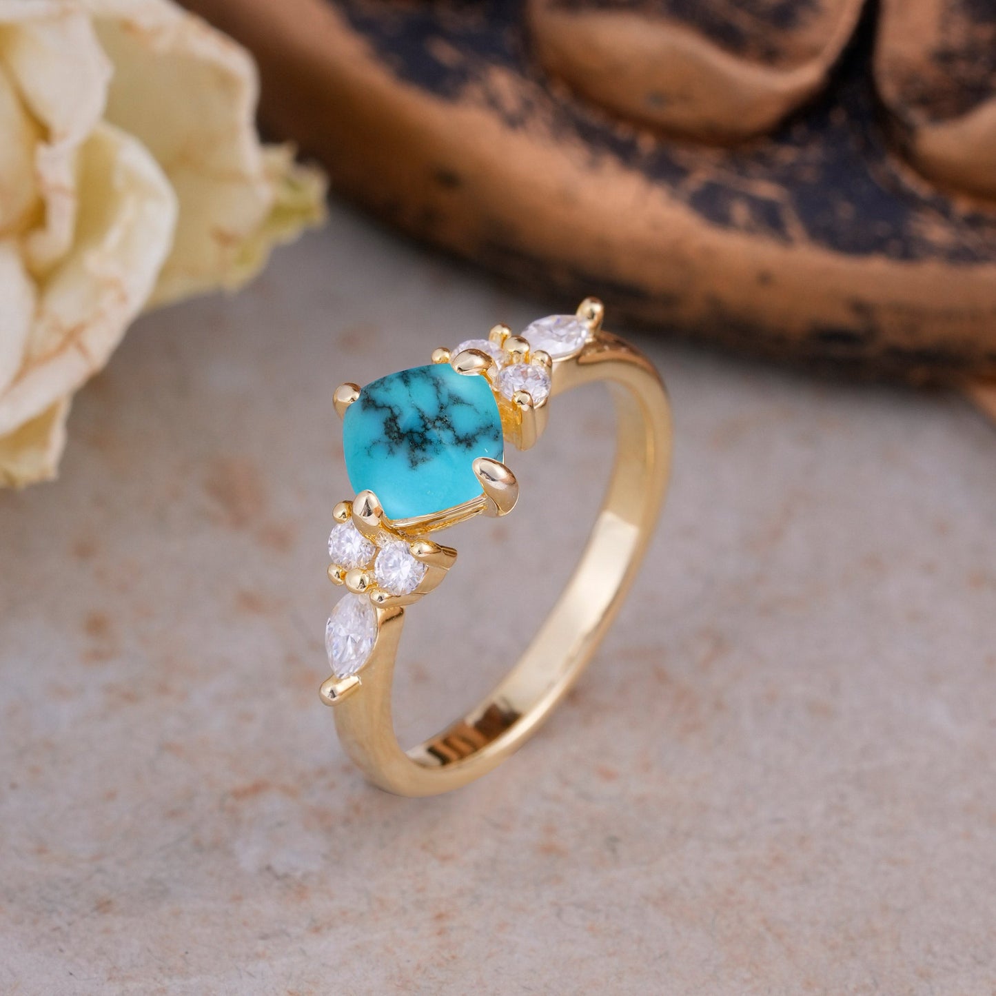Classic Elegant 4-Prong Princess Cut Turquoise Engagement Ring