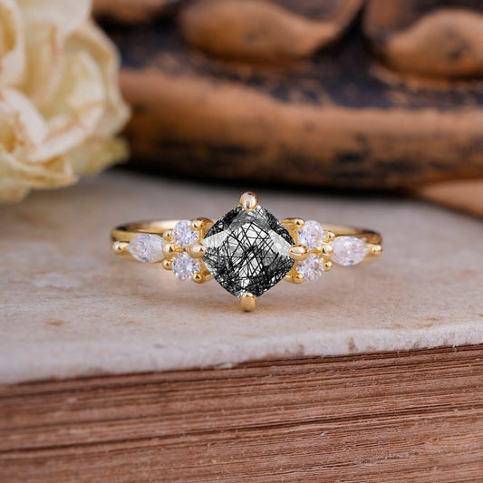 Classic Elegant 4-Prong Princess Cut Black Rutilated Quartz Engagement Ring
