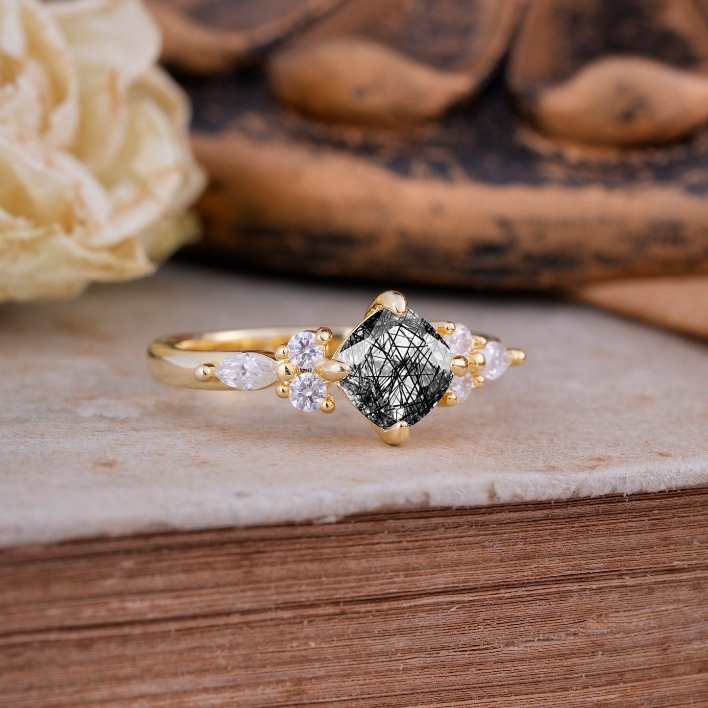 Classic Elegant 4-Prong Princess Cut Black Rutilated Quartz Engagement Ring