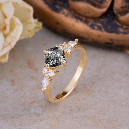 Classic Elegant 4-Prong Princess Cut Black Rutilated Quartz Engagement Ring