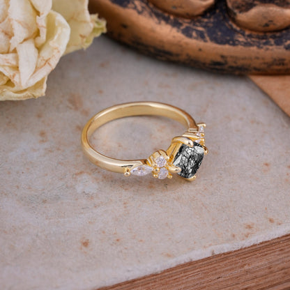 Classic Elegant 4-Prong Princess Cut Black Rutilated Quartz Engagement Ring