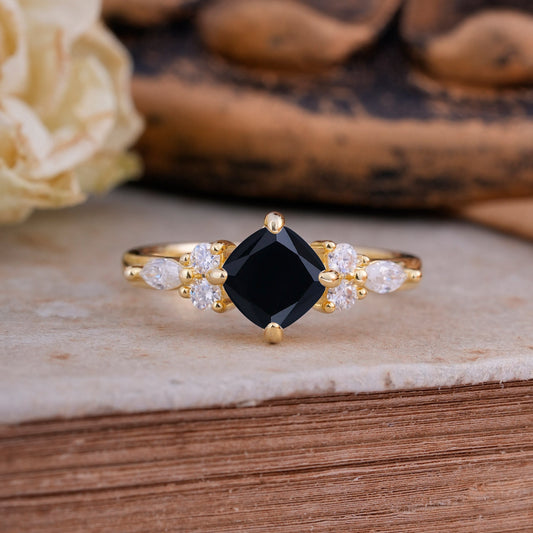 Classic Elegant 4-Prong Princess Cut Black Onyx Engagement Ring