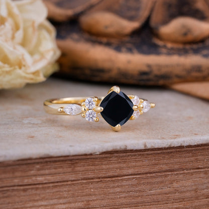 Classic Elegant 4-Prong Princess Cut Black Onyx Engagement Ring