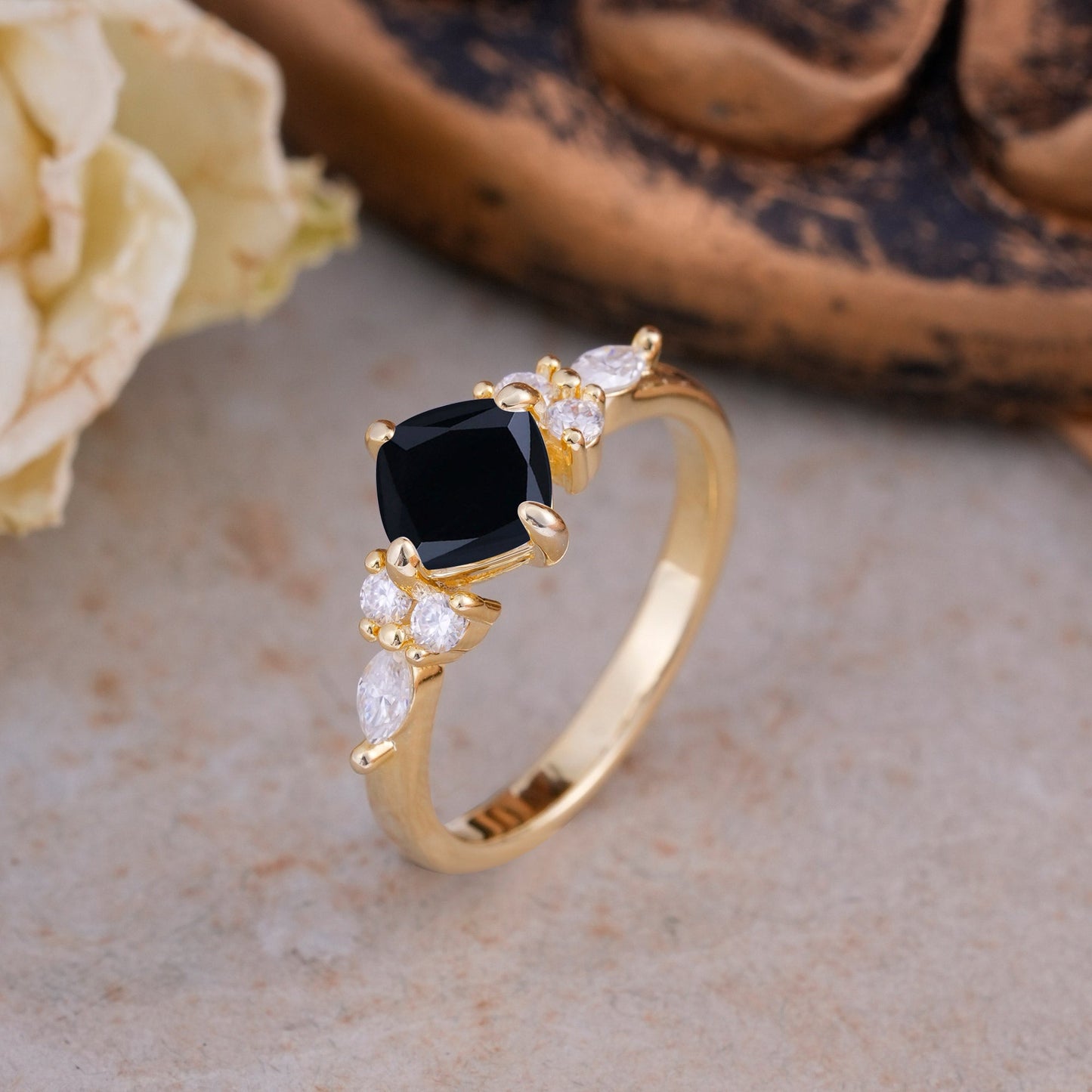 Classic Elegant 4-Prong Princess Cut Black Onyx Engagement Ring