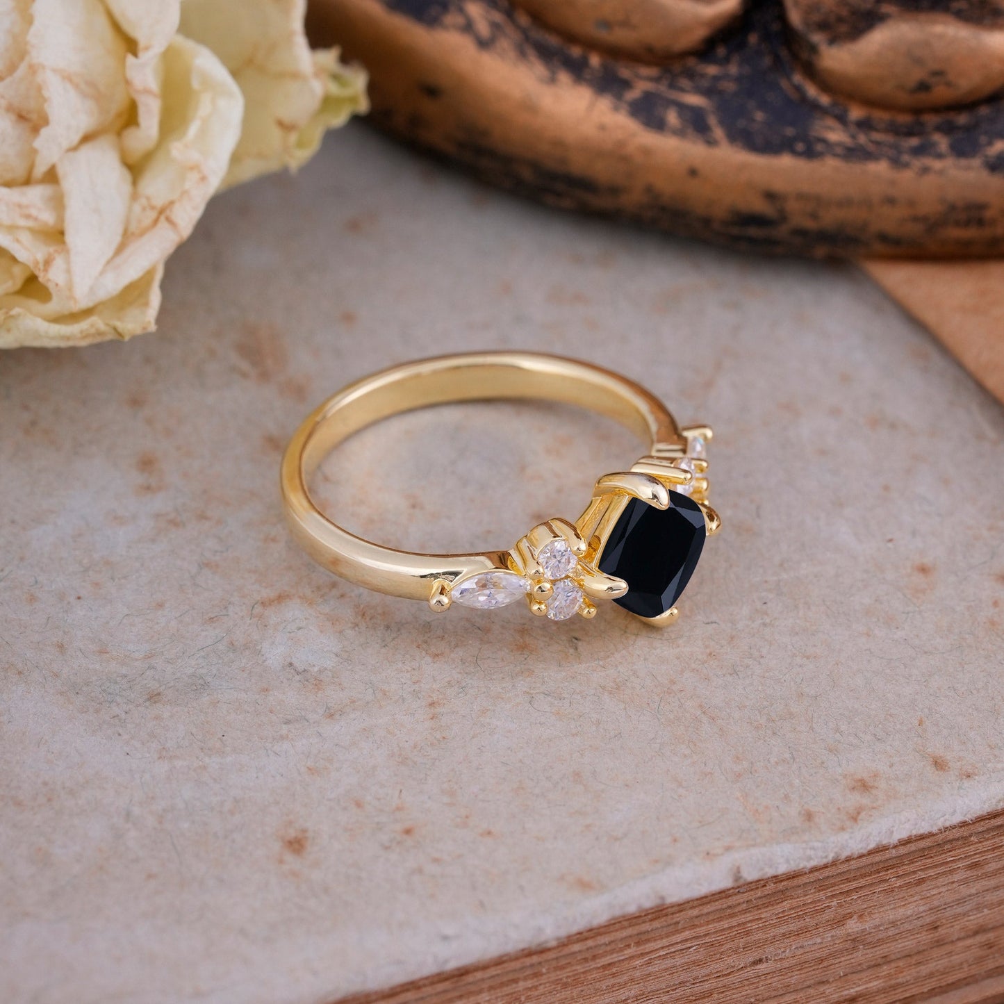 Classic Elegant 4-Prong Princess Cut Black Onyx Engagement Ring