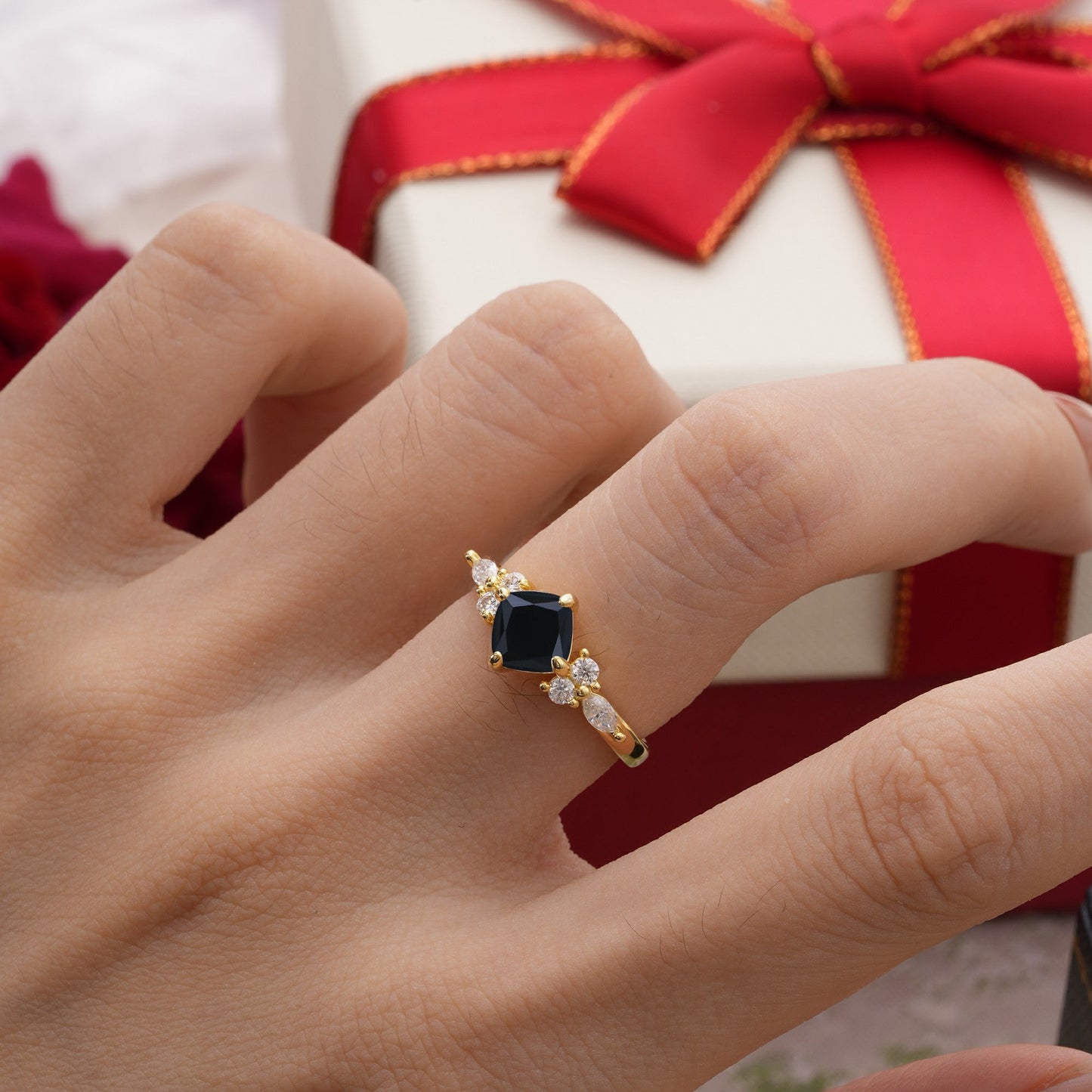 Classic Elegant 4-Prong Princess Cut Black Onyx Engagement Ring