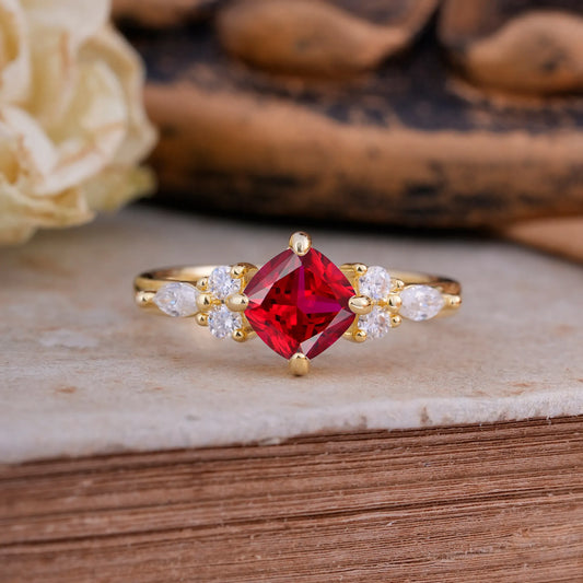 Classic Elegant 4-Prong Princess Cut Ruby Engagement Ring
