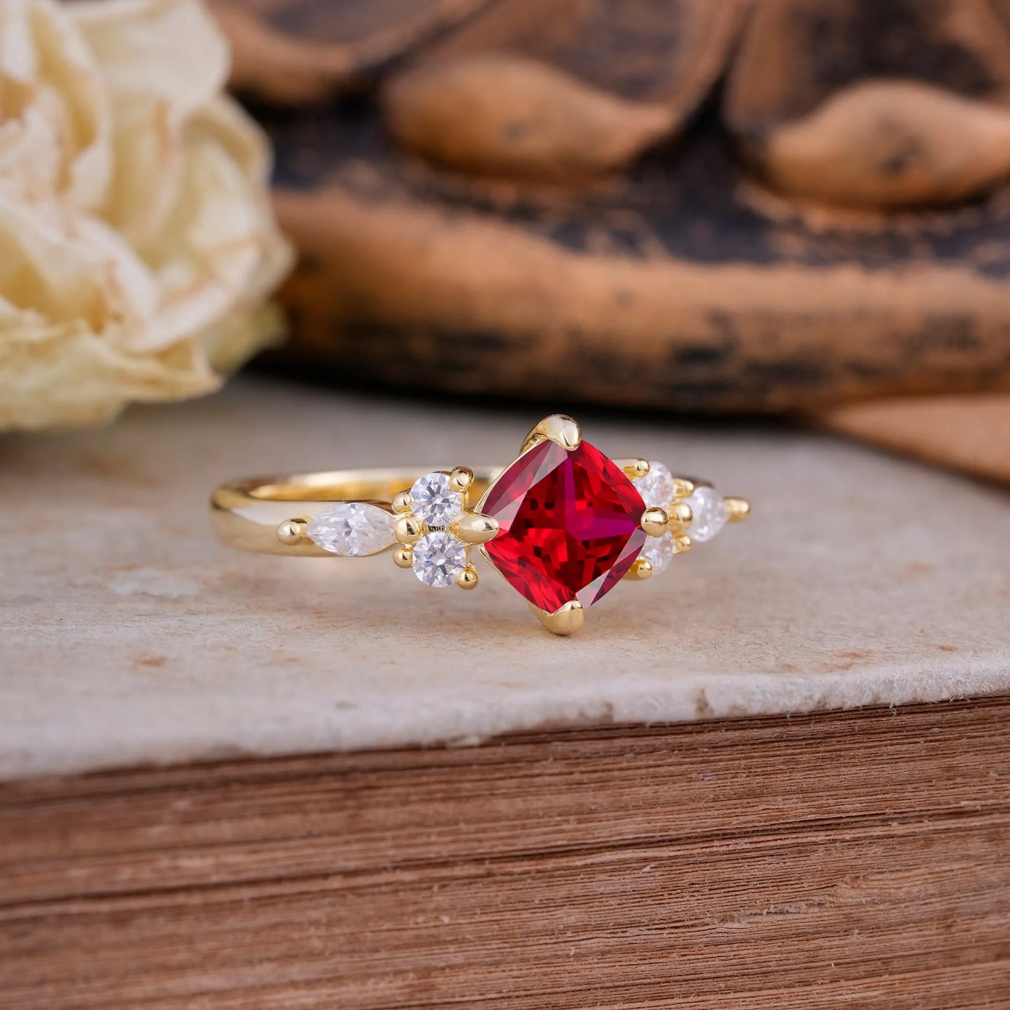Classic Elegant 4-Prong Princess Cut Ruby Engagement Ring