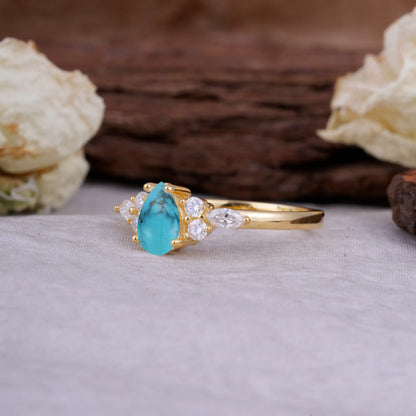 Sophisticated 4-Prong Pear-Cut Turquoise Promise Ring