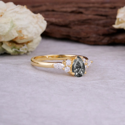Sophisticated 4-Prong Pear-Cut Black Rutilated Quartz Promise Ring