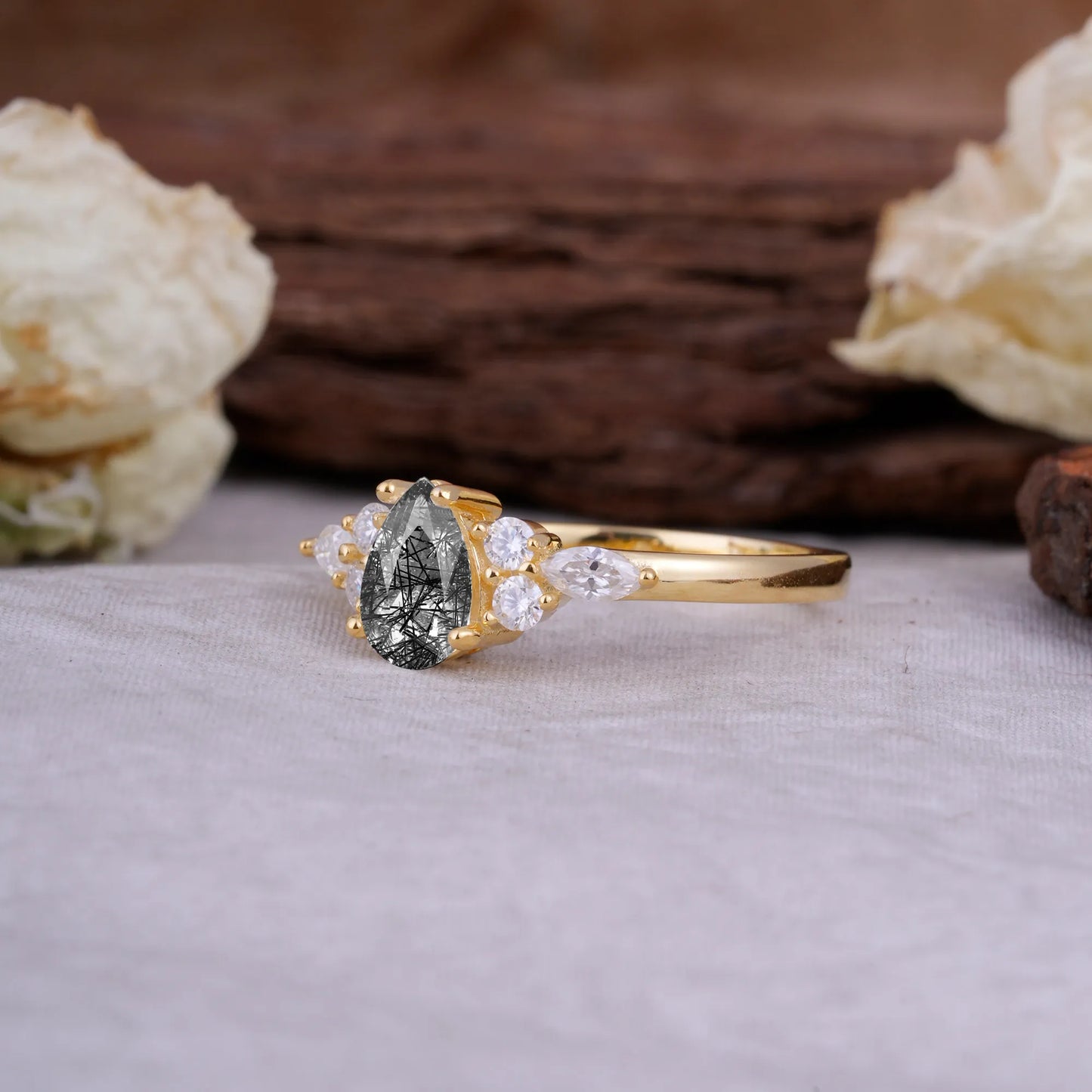 Sophisticated 4-Prong Pear-Cut Black Rutilated Quartz Promise Ring