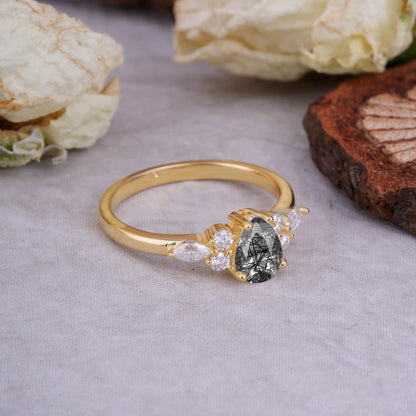 Sophisticated 4-Prong Pear-Cut Black Rutilated Quartz Promise Ring