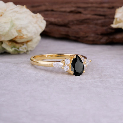 Sophisticated 4-Prong Pear-Cut Black Onyx Promise Ring