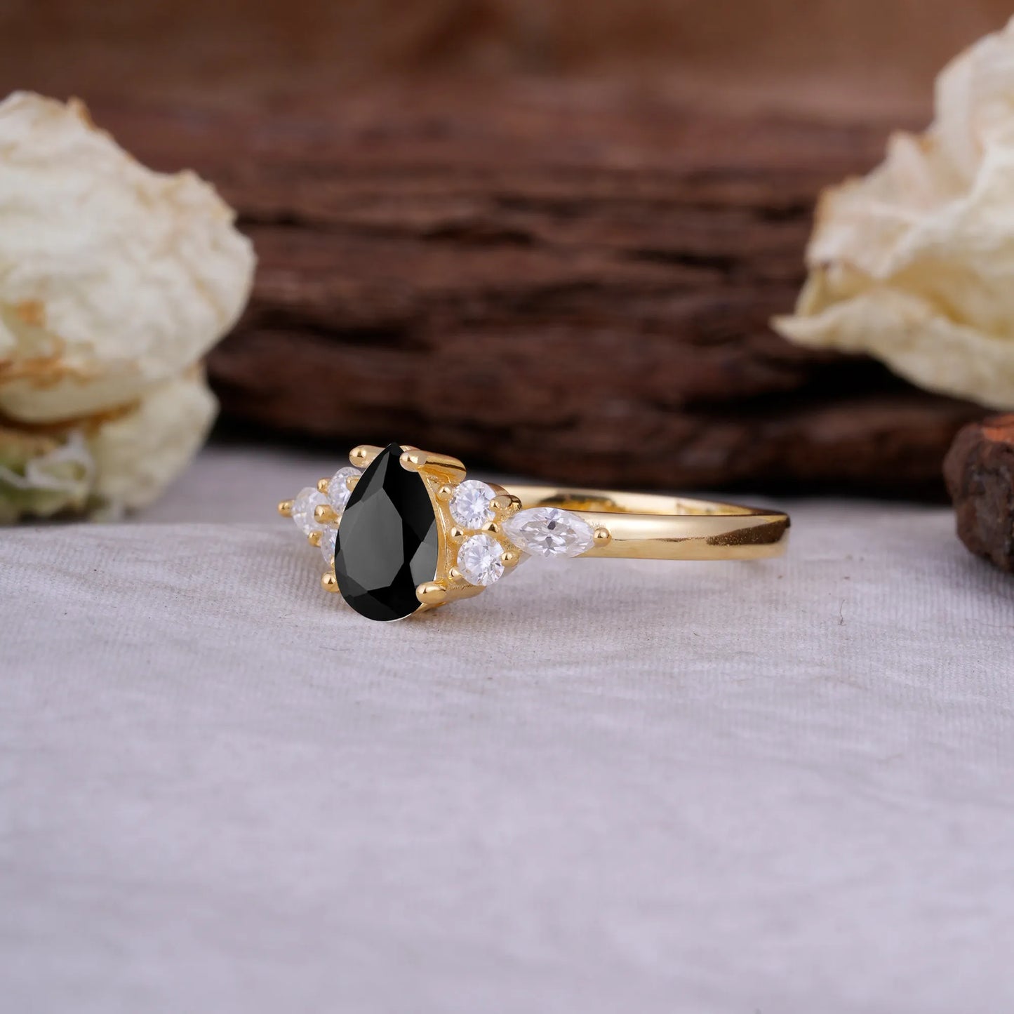Sophisticated 4-Prong Pear-Cut Black Onyx Promise Ring