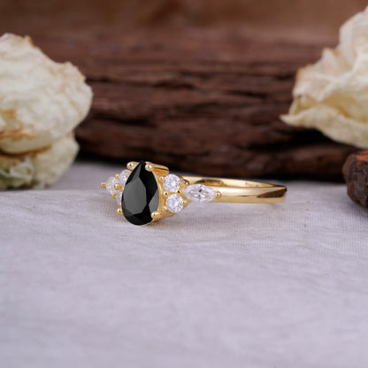 Sophisticated 4-Prong Pear-Cut Black Onyx Promise Ring