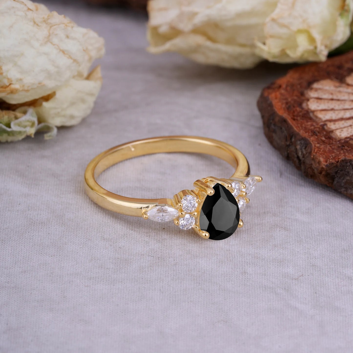 Sophisticated 4-Prong Pear-Cut Black Onyx Promise Ring