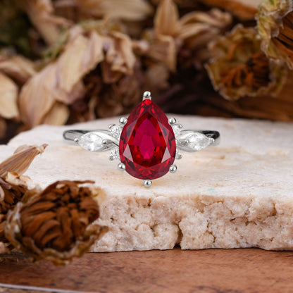 Vintage Pear Cut Ruby Three Side Stone Engagement Ring with Accents