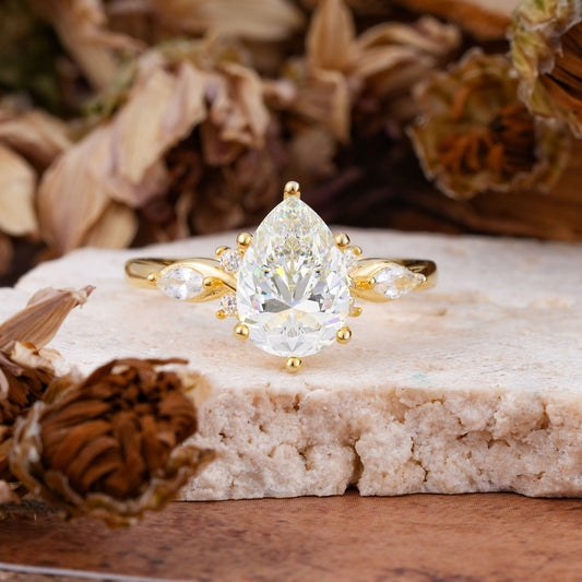 Vintage Pear Cut Moissanite Three Side Stone Engagement Ring with Accents