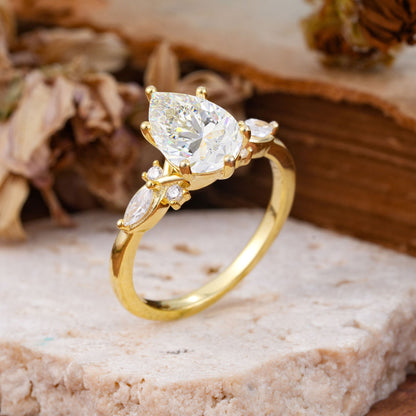 Vintage Pear Cut Moissanite Three Side Stone Engagement Ring with Accents