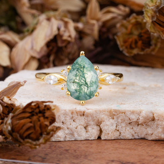 Vintage Pear Cut Moss Agate Three Side Stone Engagement Ring with Accents