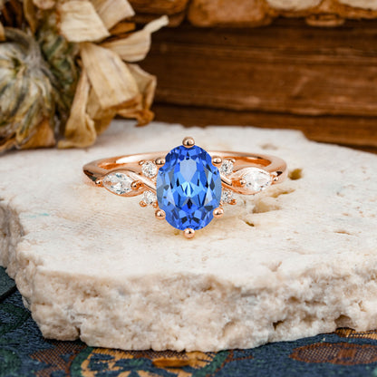 Nature Inspired 6 Prong Leaf Oval Cut Sapphire Engagement Ring