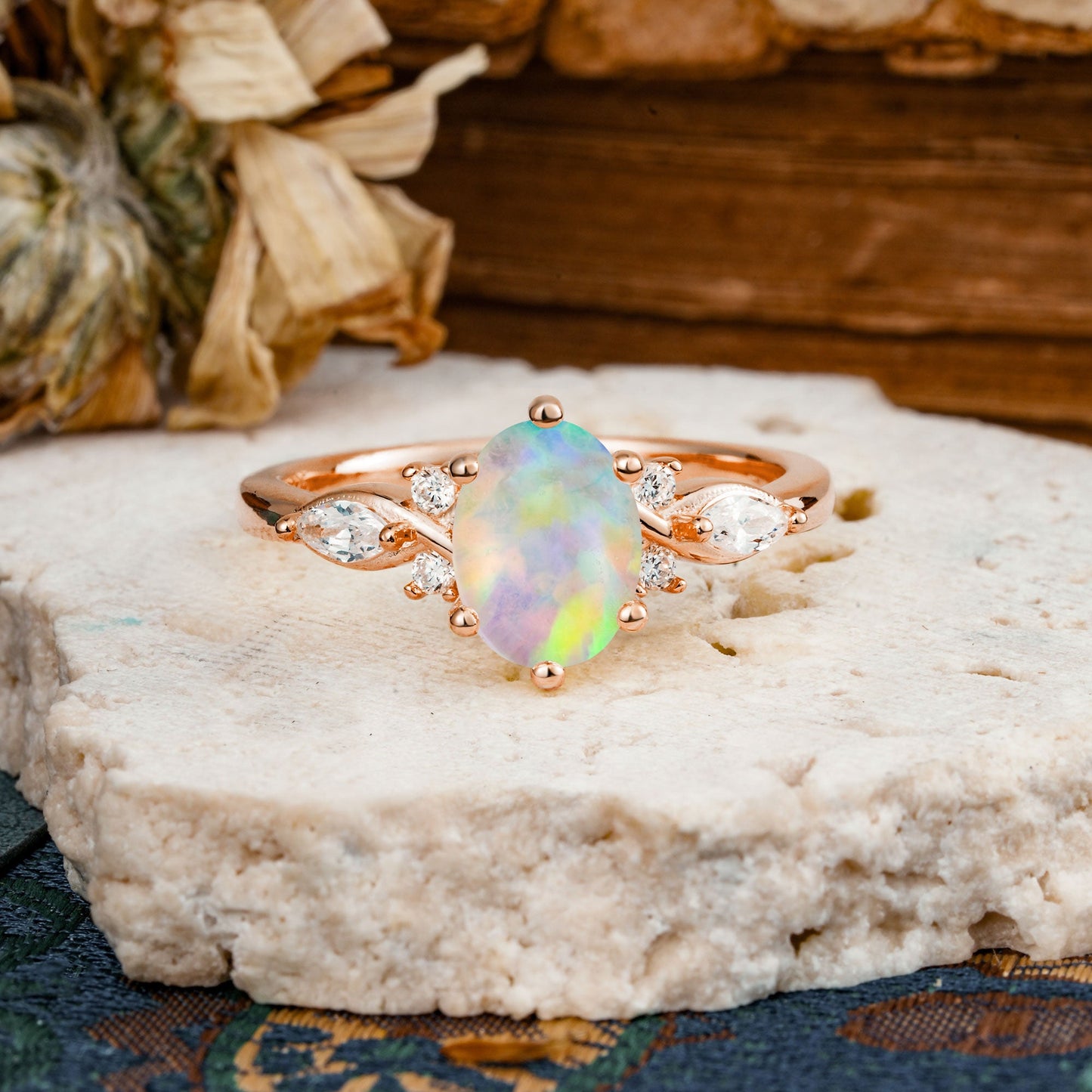 Nature Inspired 6 Prong Leaf Oval Cut Fire Opal Engagement Ring