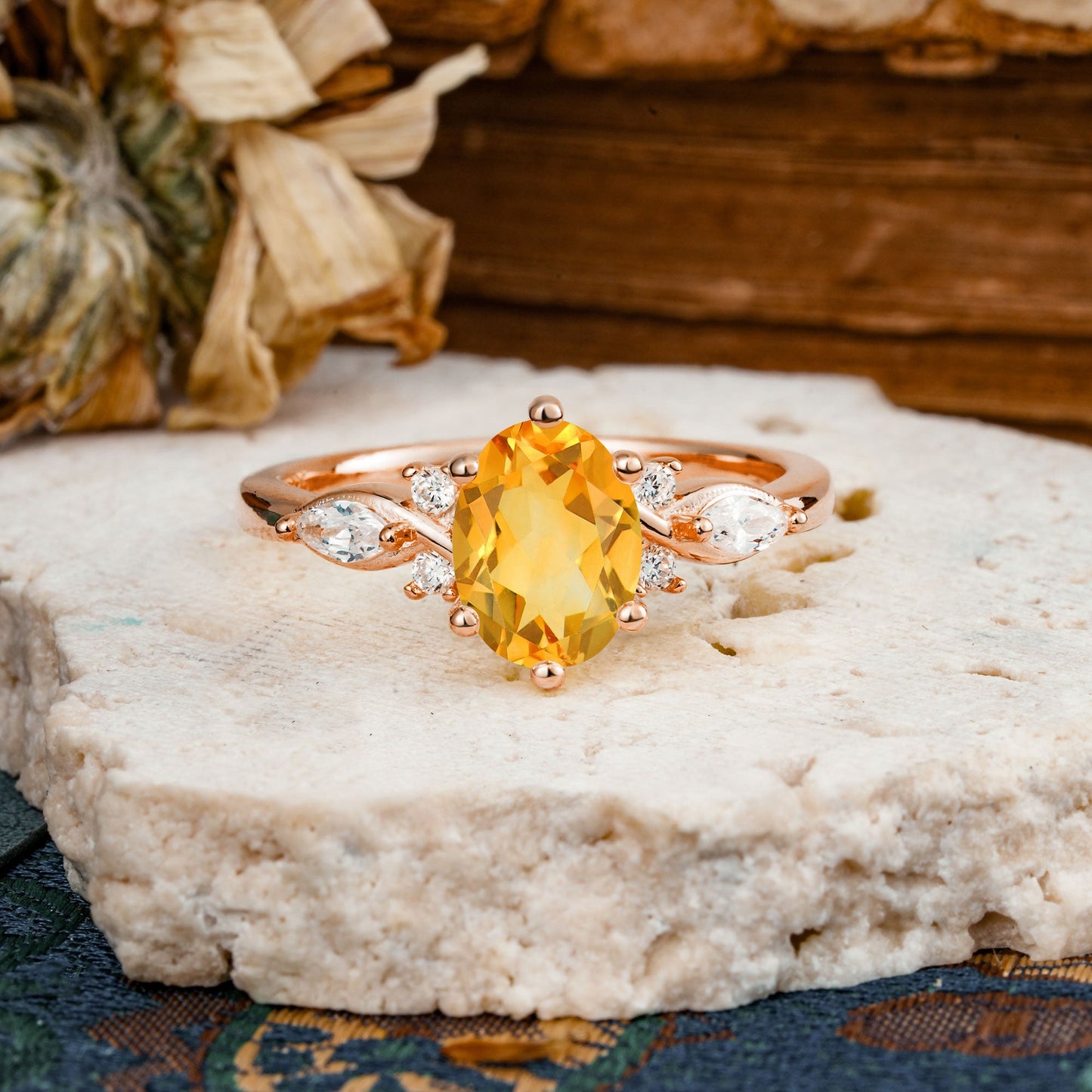 Nature Inspired 6 Prong Leaf Oval Cut Citrine Engagement Ring