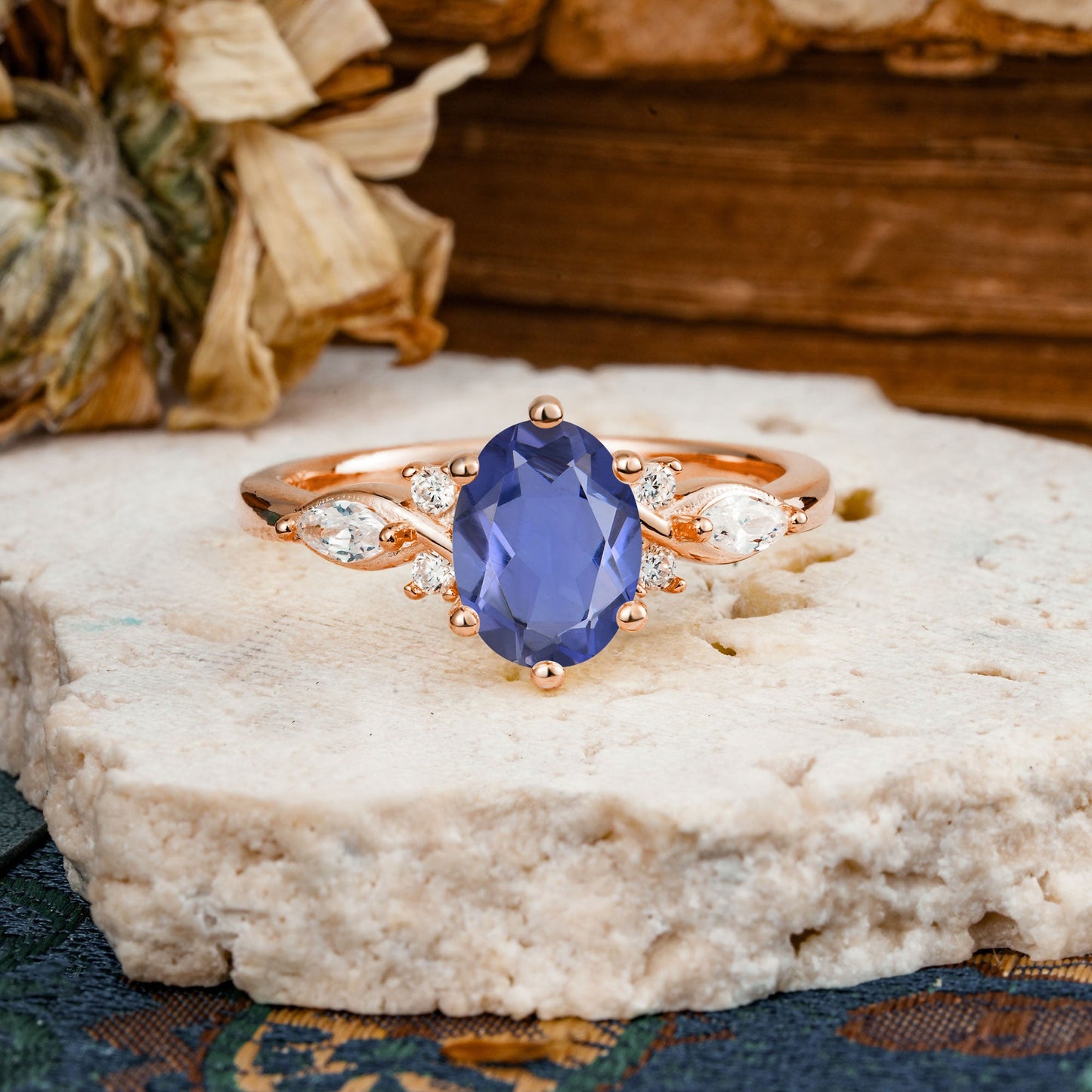Nature Inspired 6 Prong Leaf Oval Cut Tanzanite Engagement Ring