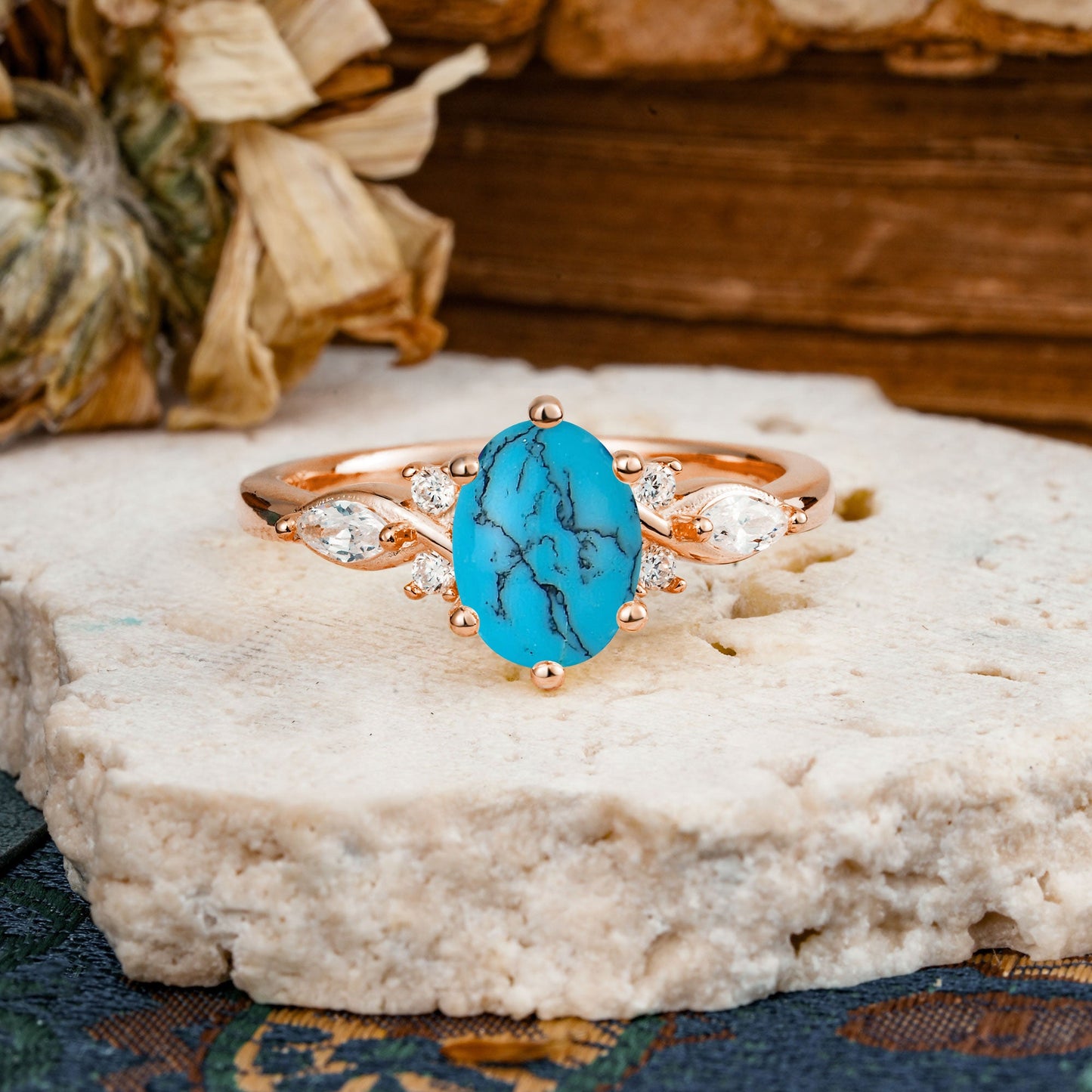 Nature Inspired 6 Prong Leaf Oval Cut Turquoise Engagement Ring