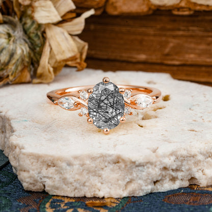 Nature Inspired 6 Prong Leaf Oval Cut Black Rutilated Quartz Engagement Ring