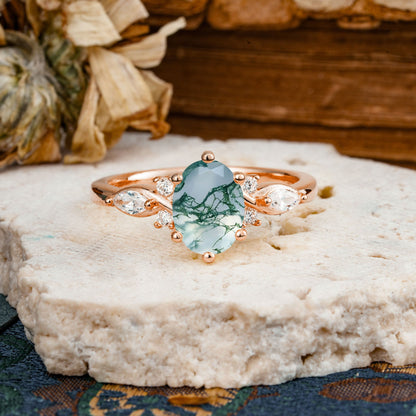 Nature Inspired 6 Prong Leaf Oval Cut Moss Agate Engagement Ring