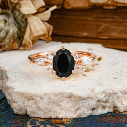 Nature Inspired 6 Prong Leaf Oval Cut Black Onyx Engagement Ring
