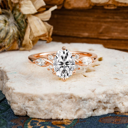 Nature Inspired 6 Prong Leaf Oval Cut Lab Diamond Engagement Ring