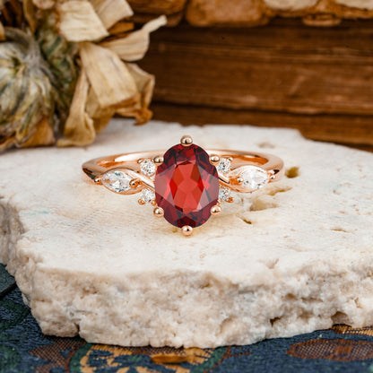 Nature Inspired 6 Prong Leaf Oval Cut Garnet Engagement Ring