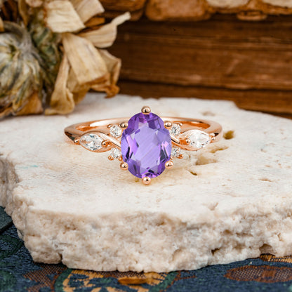 Nature Inspired 6 Prong Leaf Oval Cut Amethyst Engagement Ring