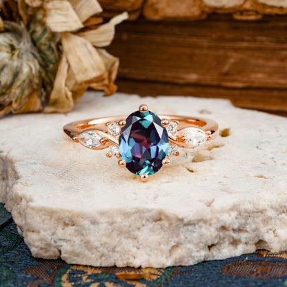 Nature Inspired 6 Prong Leaf Oval Cut Alexandrite Engagement Ring