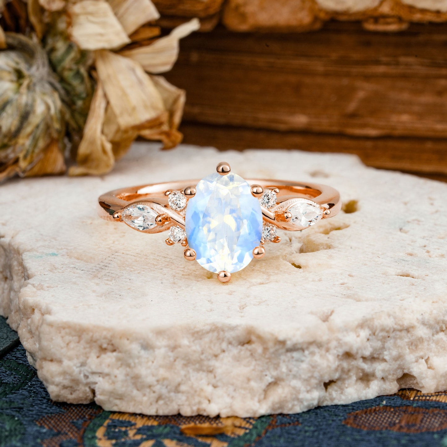 Nature Inspired 6 Prong Leaf Oval Cut Moonstone Engagement Ring