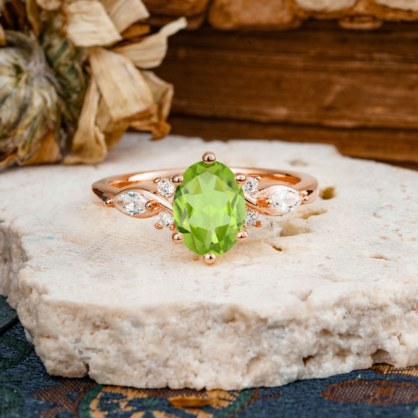 Nature Inspired 6 Prong Leaf Oval Cut Peridot Engagement Ring