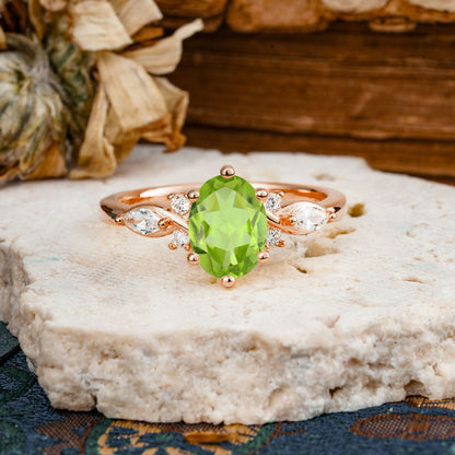 Nature Inspired 6 Prong Leaf Oval Cut Peridot Engagement Ring