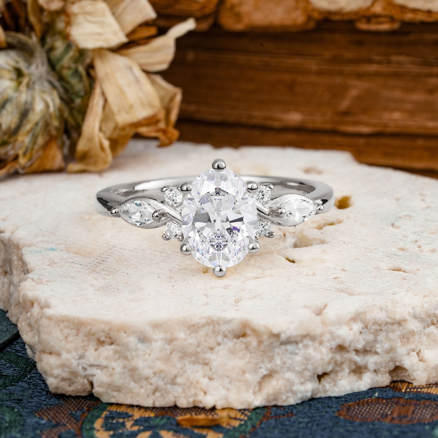 Nature Inspired 6 Prong Leaf Oval Cut Moissanite Engagement Ring