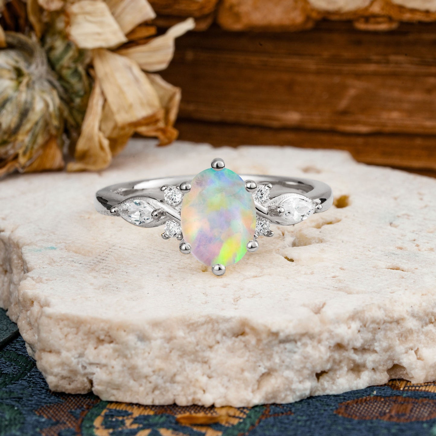 Nature Inspired 6 Prong Leaf Oval Cut Fire Opal Engagement Ring
