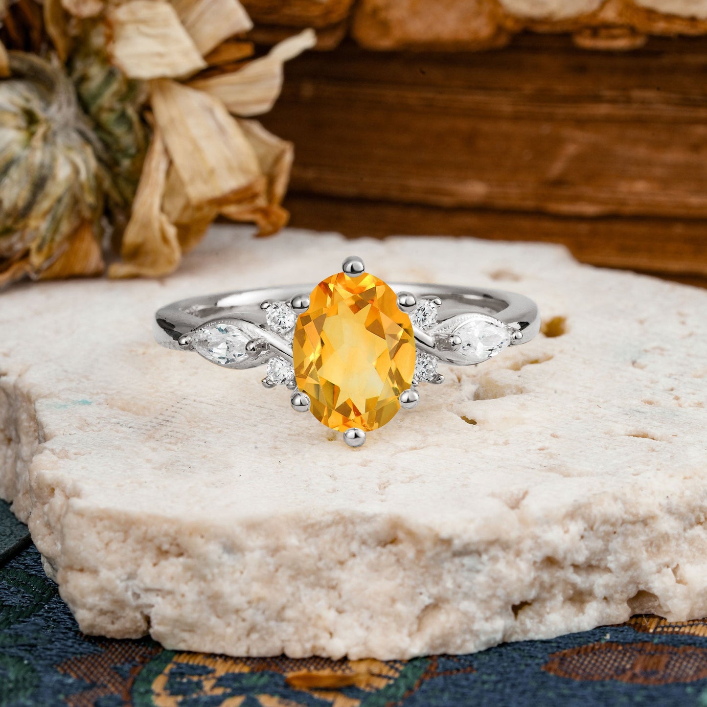 Nature Inspired 6 Prong Leaf Oval Cut Citrine Engagement Ring