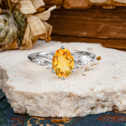 Nature Inspired 6 Prong Leaf Oval Cut Citrine Engagement Ring