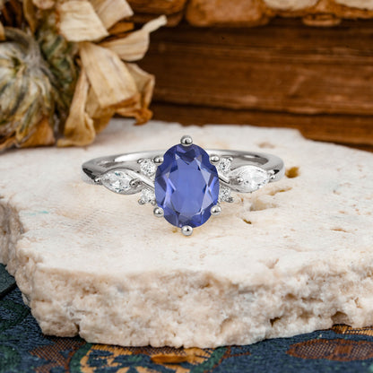Nature Inspired 6 Prong Leaf Oval Cut Tanzanite Engagement Ring