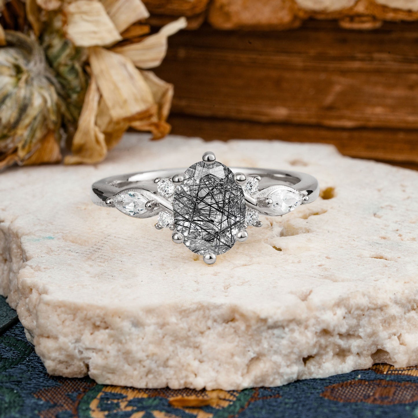 Nature Inspired 6 Prong Leaf Oval Cut Black Rutilated Quartz Engagement Ring