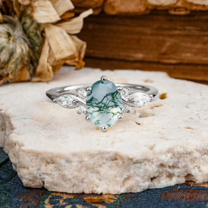 Nature Inspired 6 Prong Leaf Oval Cut Moss Agate Engagement Ring