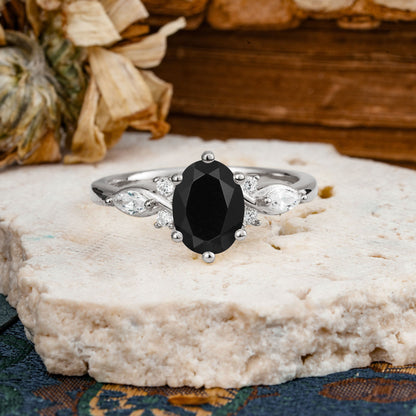 Nature Inspired 6 Prong Leaf Oval Cut Black Onyx Engagement Ring