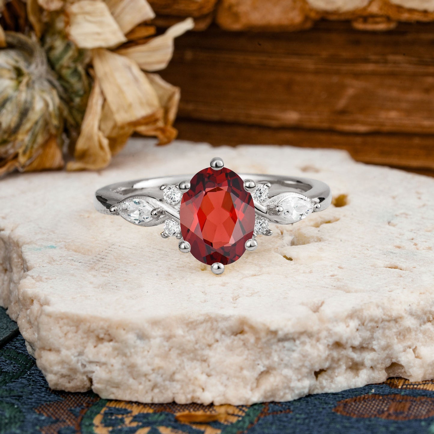 Nature Inspired 6 Prong Leaf Oval Cut Garnet Engagement Ring